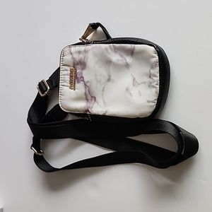 AIMEE Kestenberg Grey/White Marble Print Nylon W/ Black Leather Trim Crossbody